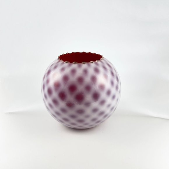 Vintage Kanawha Glass Round Vase Ruby Red Satin Opalescent Diamond Optic Quilt - Picture 6 of 6